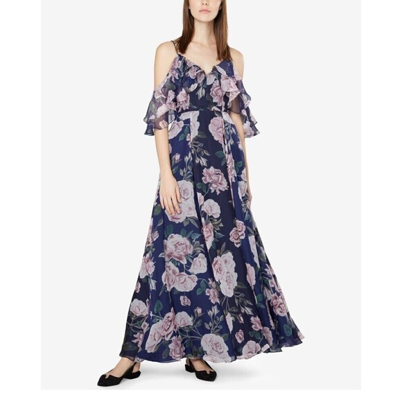 FAME and Partners Navy Floral Cold Shoulder Flowy Maxi Dress Gown, 4 - Picture 1 of 13